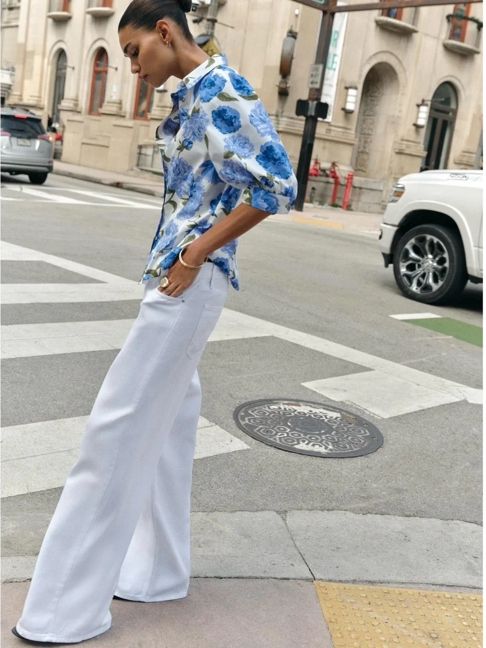 Zara White Blouse with Blue Floral Print